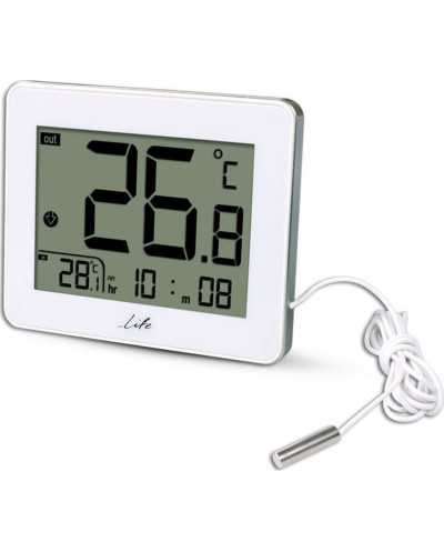 Ψηφιακό θερμόμετρο  θερμοκρασίας, με ενσύρματο αισθητήρα και ρολόι LIFE CORDY , σε λευκό