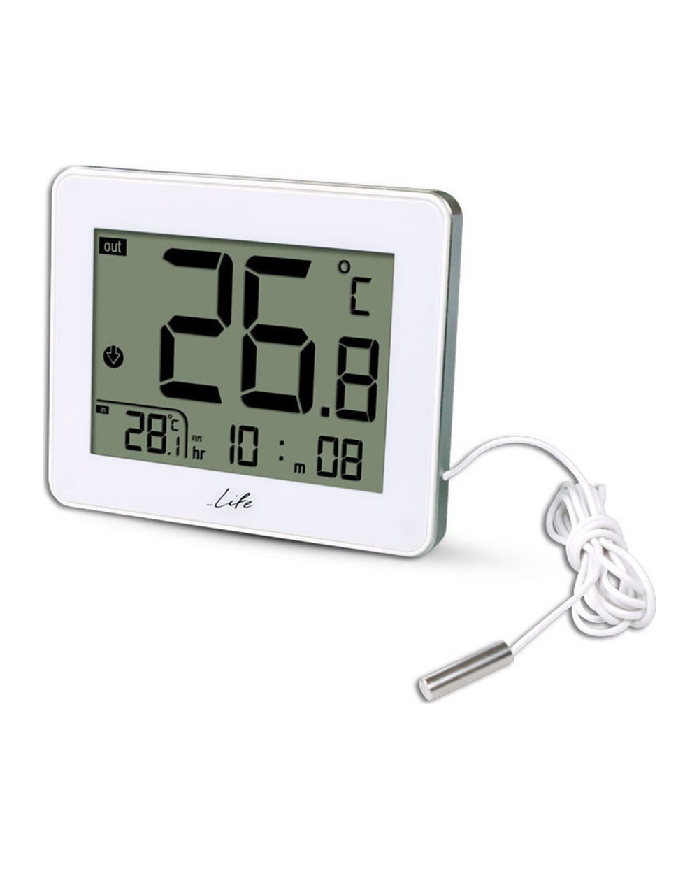Ψηφιακό θερμόμετρο  θερμοκρασίας, με ενσύρματο αισθητήρα και ρολόι LIFE CORDY , σε λευκό