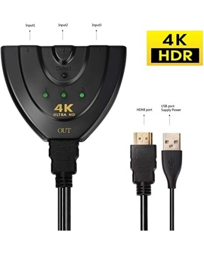 POWERTECH HDMI Switch 3x1 pigtail, 4K x 2K & 3D, 0.50m, Black