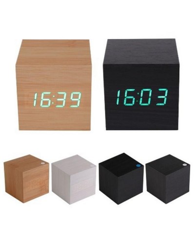 Ξύλινο Ρολόι Ξυπνητήρι με Αισθητήρα Ήχου και Δόνησης - Ημερολόγιο & Θερμόμετρο Wooden Clock OEM - Κύβος