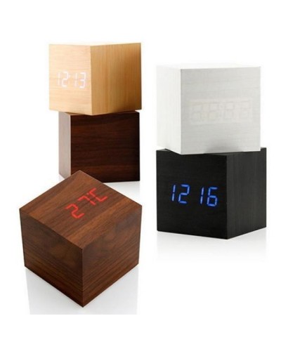 Ξύλινο Ρολόι Ξυπνητήρι με Αισθητήρα Ήχου και Δόνησης - Ημερολόγιο & Θερμόμετρο Wooden Clock OEM - Κύβος