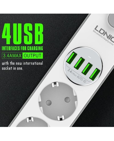 Πολύπριζο Ασφαλείας 4 Θέσεων Σούκο & 4 Θύρες USB 3.4A με Καλώδιο 2m LDNIO SE4432