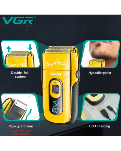 Επαγγελματική Επαναφορτιζόμενη Ψηφιακή Ξυριστική Μηχανή με Διπλή Λεπίδα VGR V-332